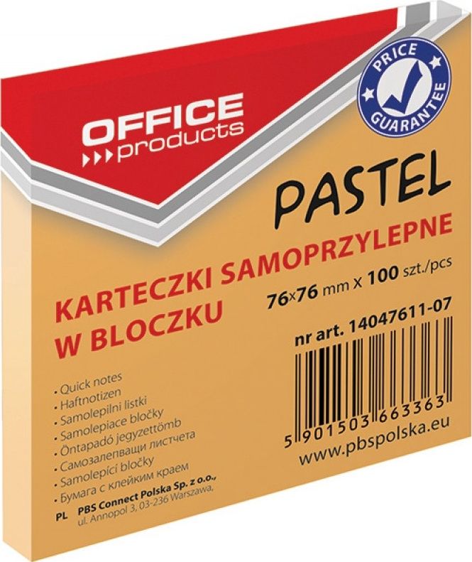 Office Products NOTES SAMOPRZYLEPNY OFFICE PRODUCTS 76X76MM PASTELOWY POMARAŃCZOWY