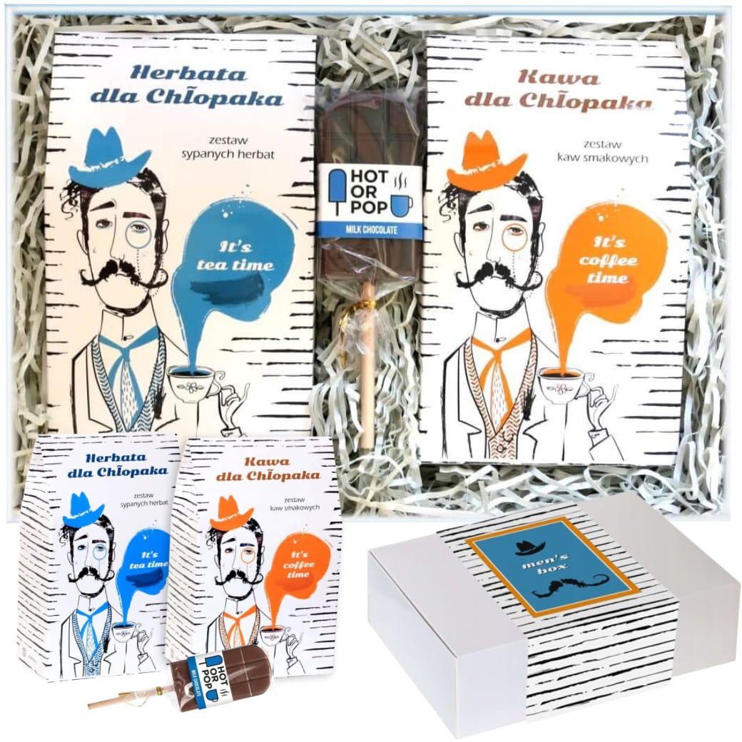 Zestaw BOX prezentowy upominkowy dla chłopaka Men's Box prezent upominek na Dzień Chłopaka - Kawa smakowa, herbata sypana, czekoladowy lizak dla męża