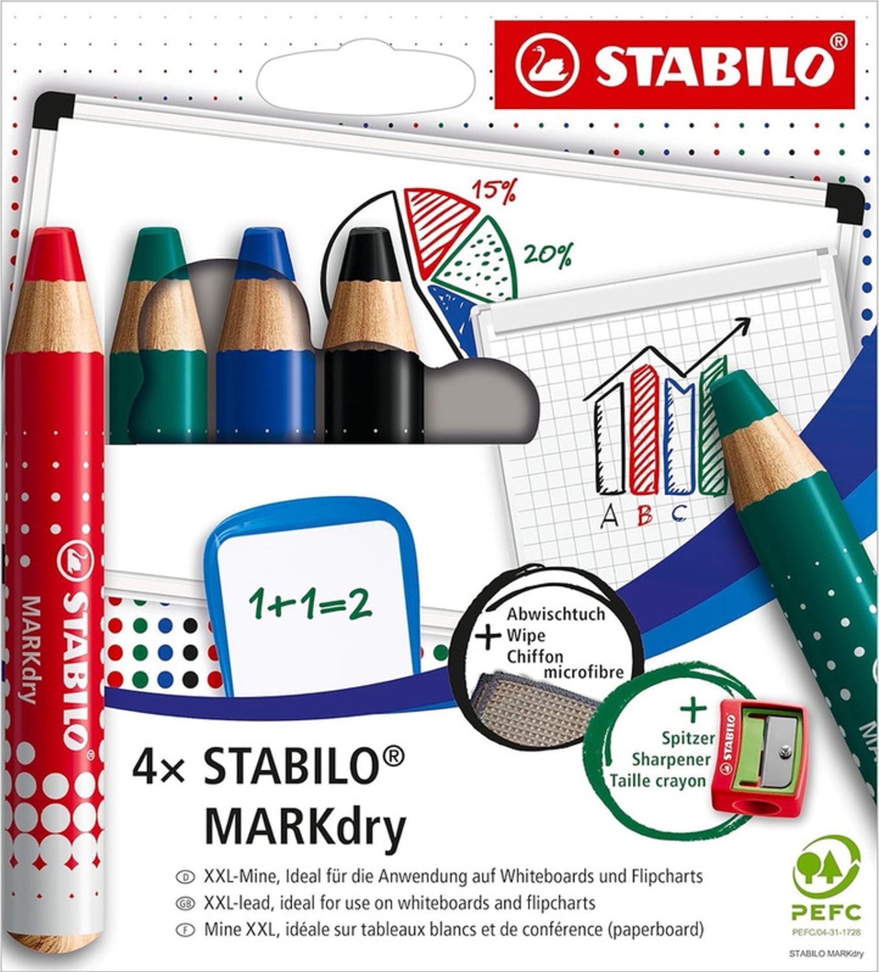 Stabilo Kredki do tablic MARKdry (+ temperówka i ściereczka) 4 kolory