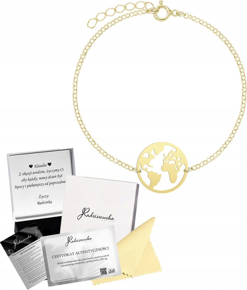 MEJK Jewellery Bransoletka Złota Kula Ziemska SREBRO 925 Mapa Świata DEDYKACJA GRATIS