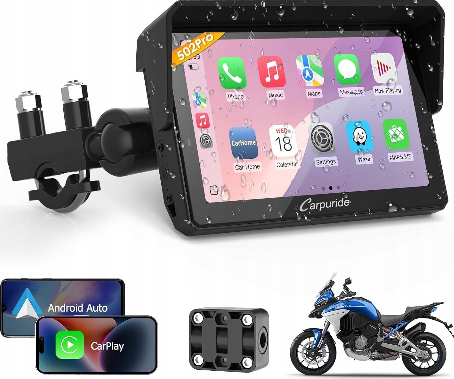Carpuride W502PRO motocykl CarPlay Android Auto Bluetooth wodoszczelna GPS