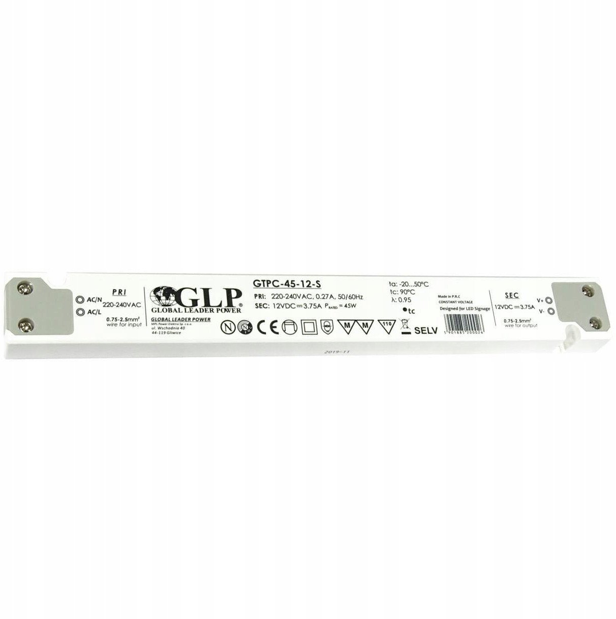 GLP Zasilacz LED GTPC-45-12-S 45W 12V DC 3,75A meblowy
