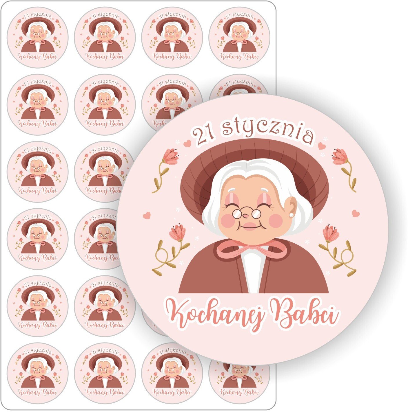 Stabilus Naklejki etykiety arkusz etykiet kochanej babci DZIEŃ BABCI prezent upominek kwiaty 24 szt. 5 cm (E-BAB_02_C5)