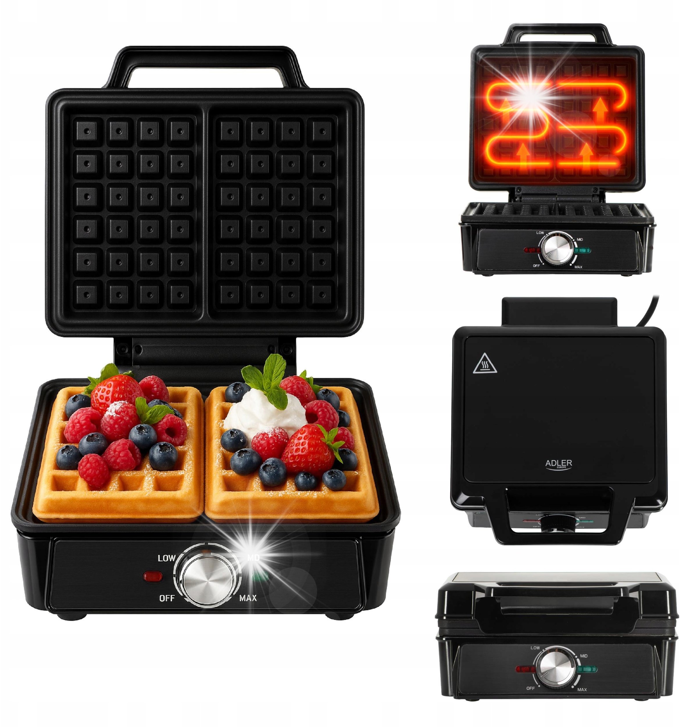 Gofrownica Adler GOFROWNICA 2000W XXL 2 Duże Gofry Regulacja Temperatury NON-STICK Mocna