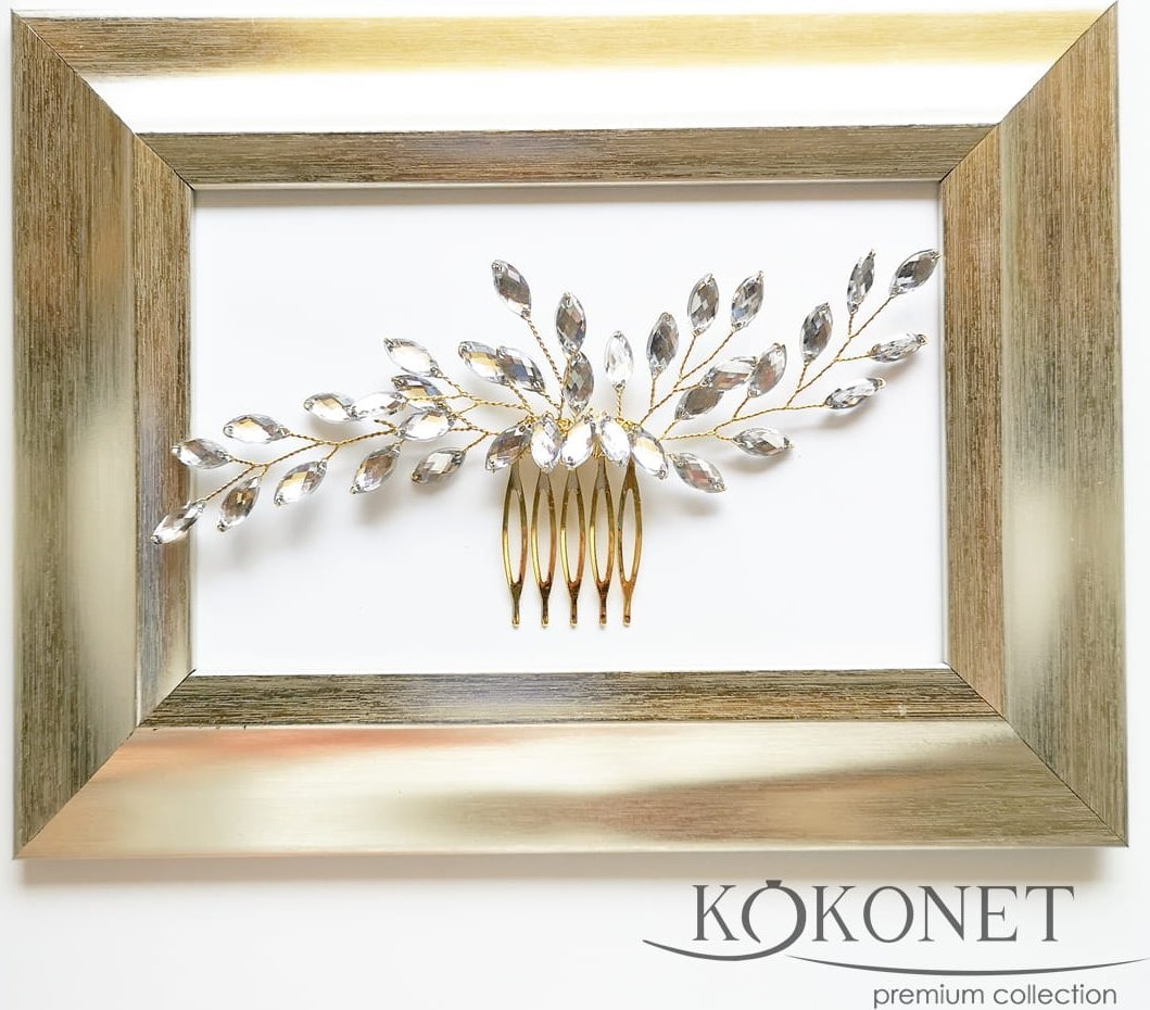 KOKONET Grzebyk ślubny ZŁOTY ręcznie robiony LISTKI gold