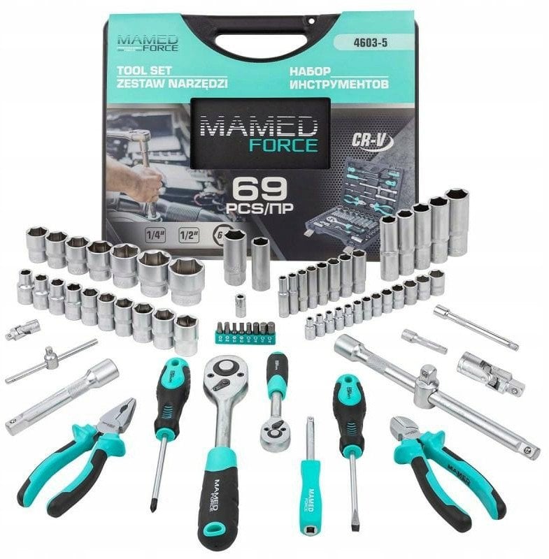Zestaw komplet narzędziowy narzędzi nasadki bity przedłużki 69el 1/4' 1/2' 4-32mm 6-kątnych MAMEDFORCE