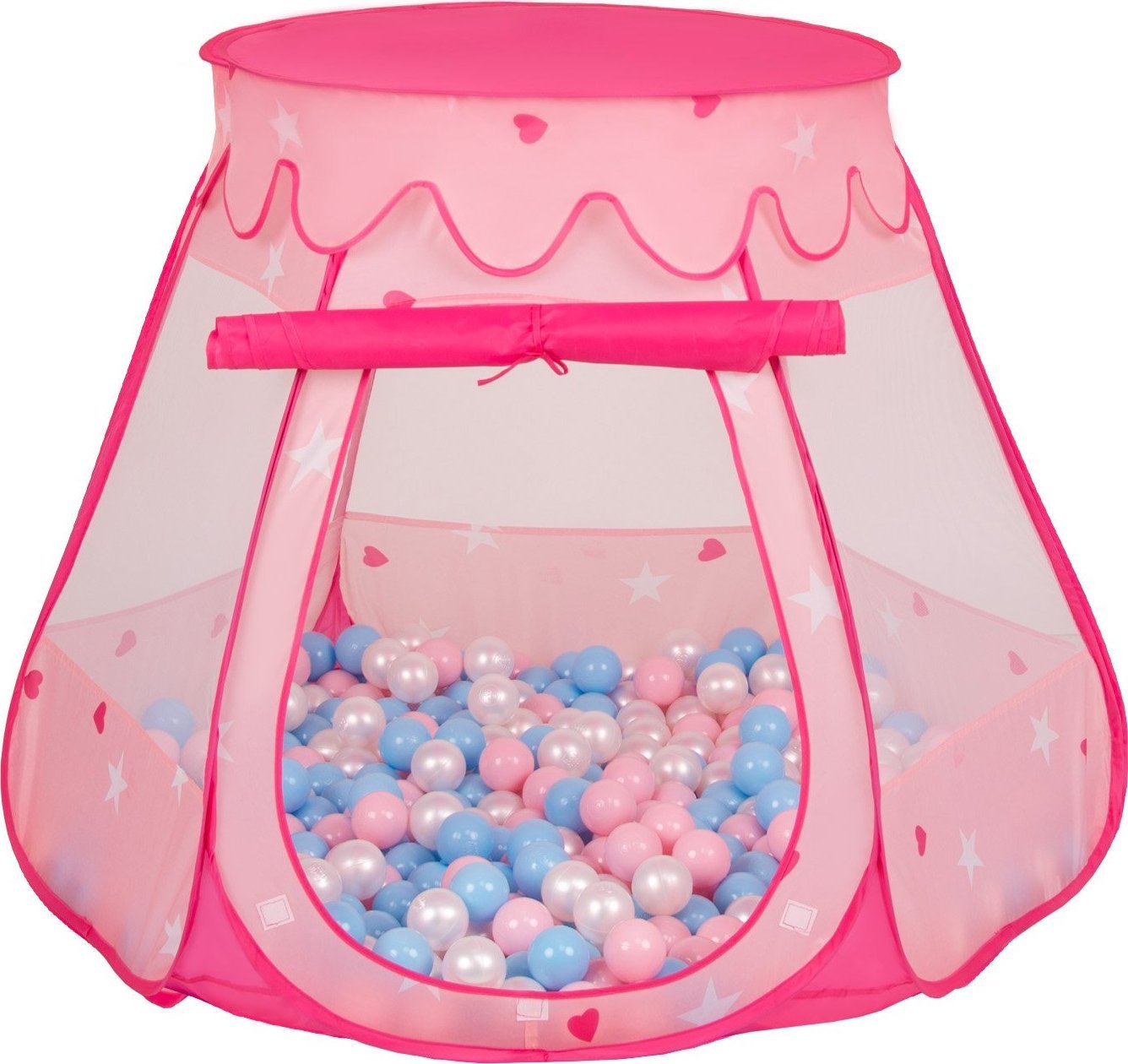 Selonis Namiot zamek NZ-100X z piłeczkami 6cm różowy: babyblue-pudrowy róż-perła 105x90cm/100piłek Zabawka namiot dla dzieci