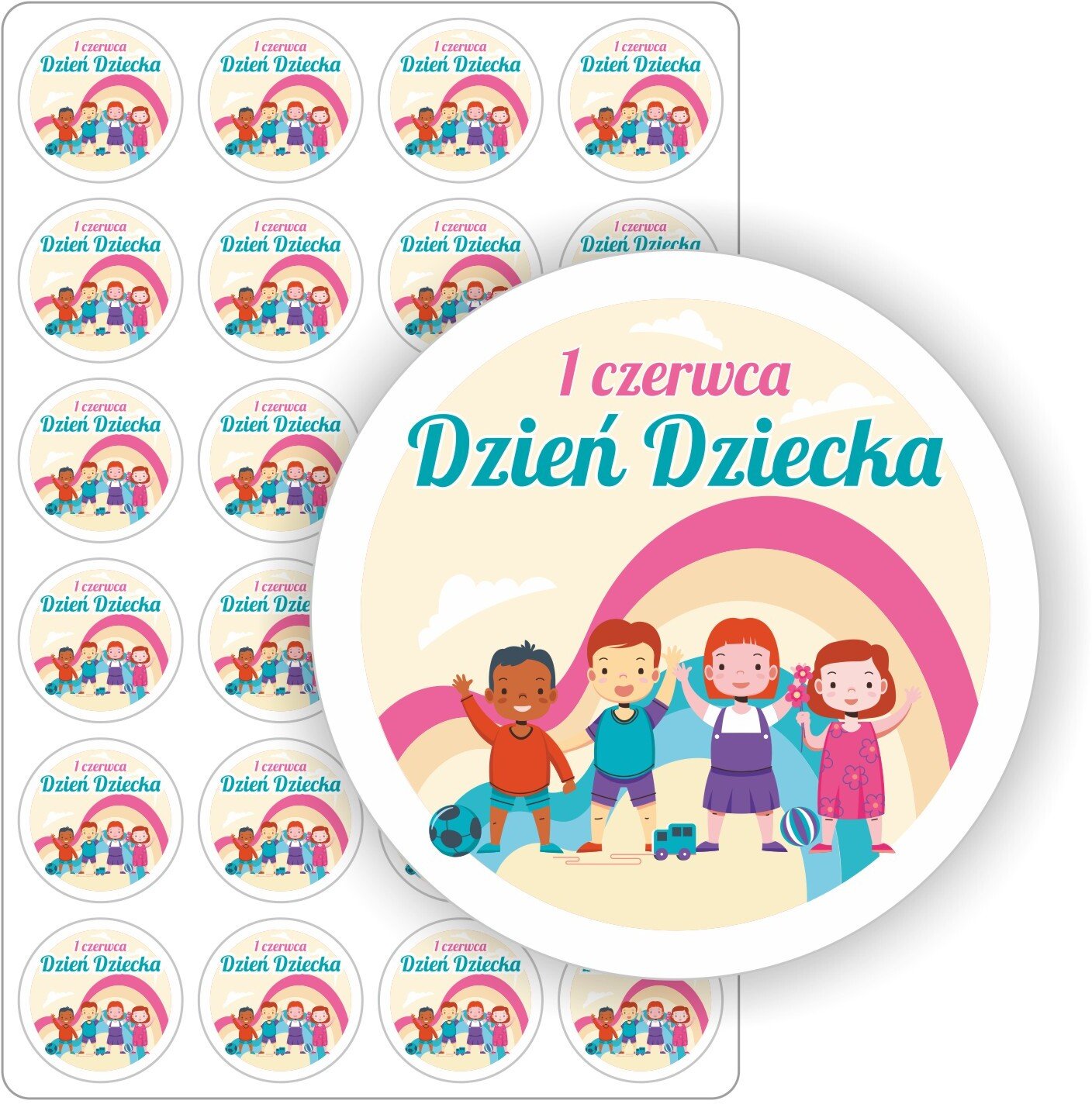 Stabilus Naklejki etykiety etykietki DZIEŃ DZIECKA szkoły przedszkola żłobka 24szt. 5cm (E-DZD_05_C5)