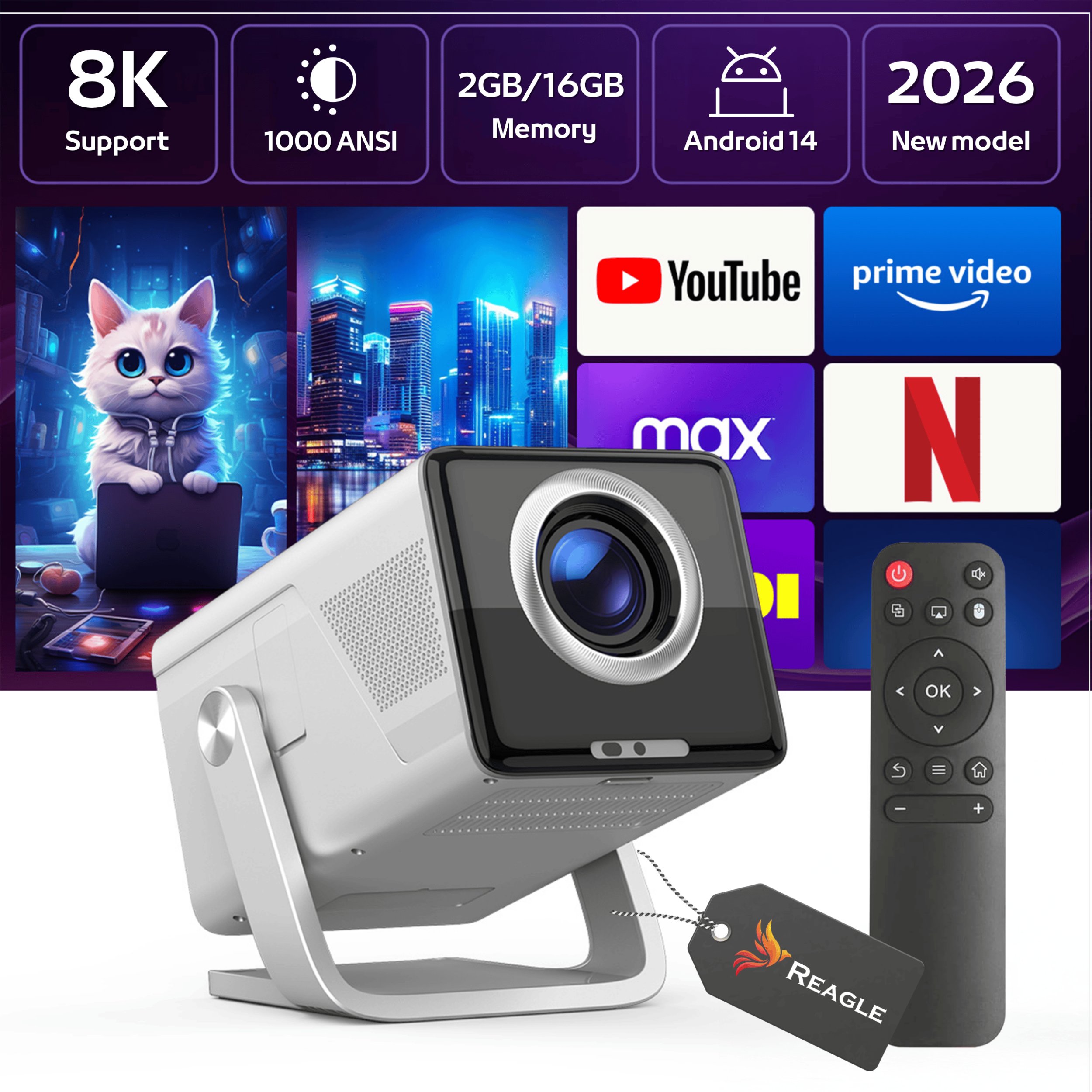 Projektor Magcubic RZUTNIK PROJEKTOR LED PRZENOŚNY 1000 ANSI 8K FULL HD 130" ANDROID 14 WIFI REAGLE