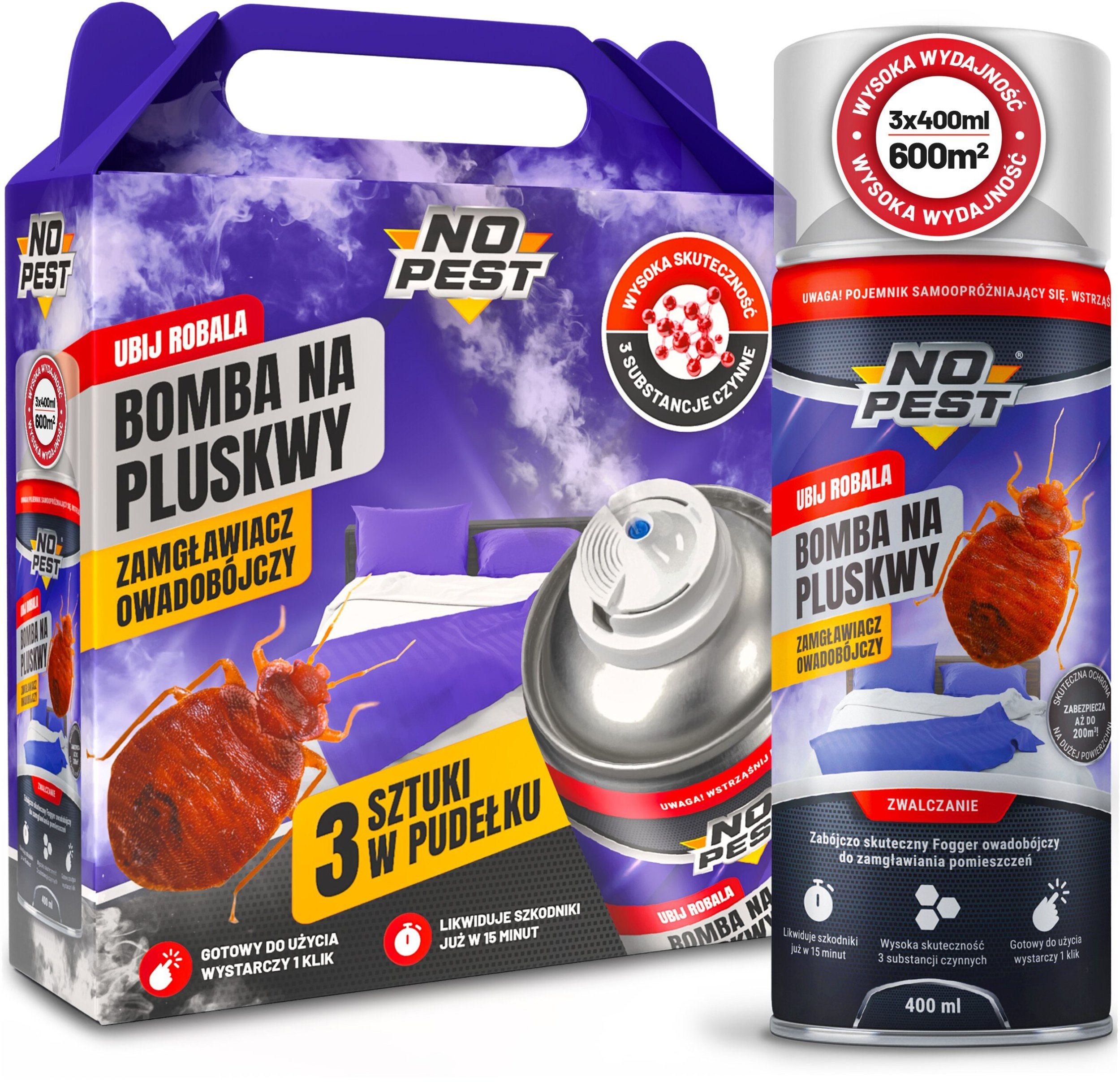 Bomba Fogger Środek Oprysk Preparat na Pluskwy Domowe Karaluchy Pająki Rybiki Pchły Zamgławiacz Owadobójczy 400ml (3 szt)