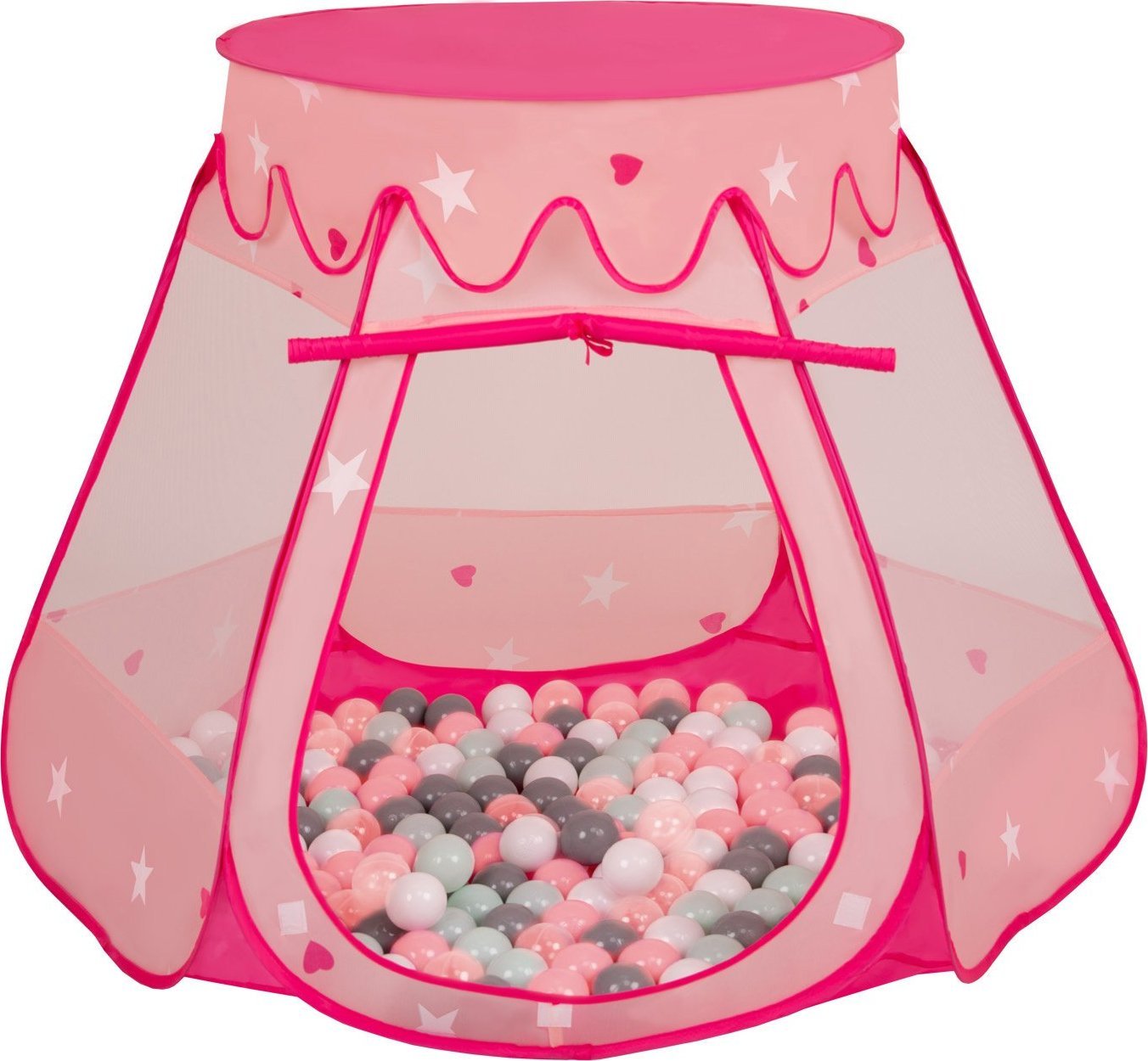 Selonis Namiot zamek NZ-100X z piłeczkami 6cm różowy: biały-szary-mięta-pudrowy róż 105x90cm/600piłek Zabawka namiot dla dzieci