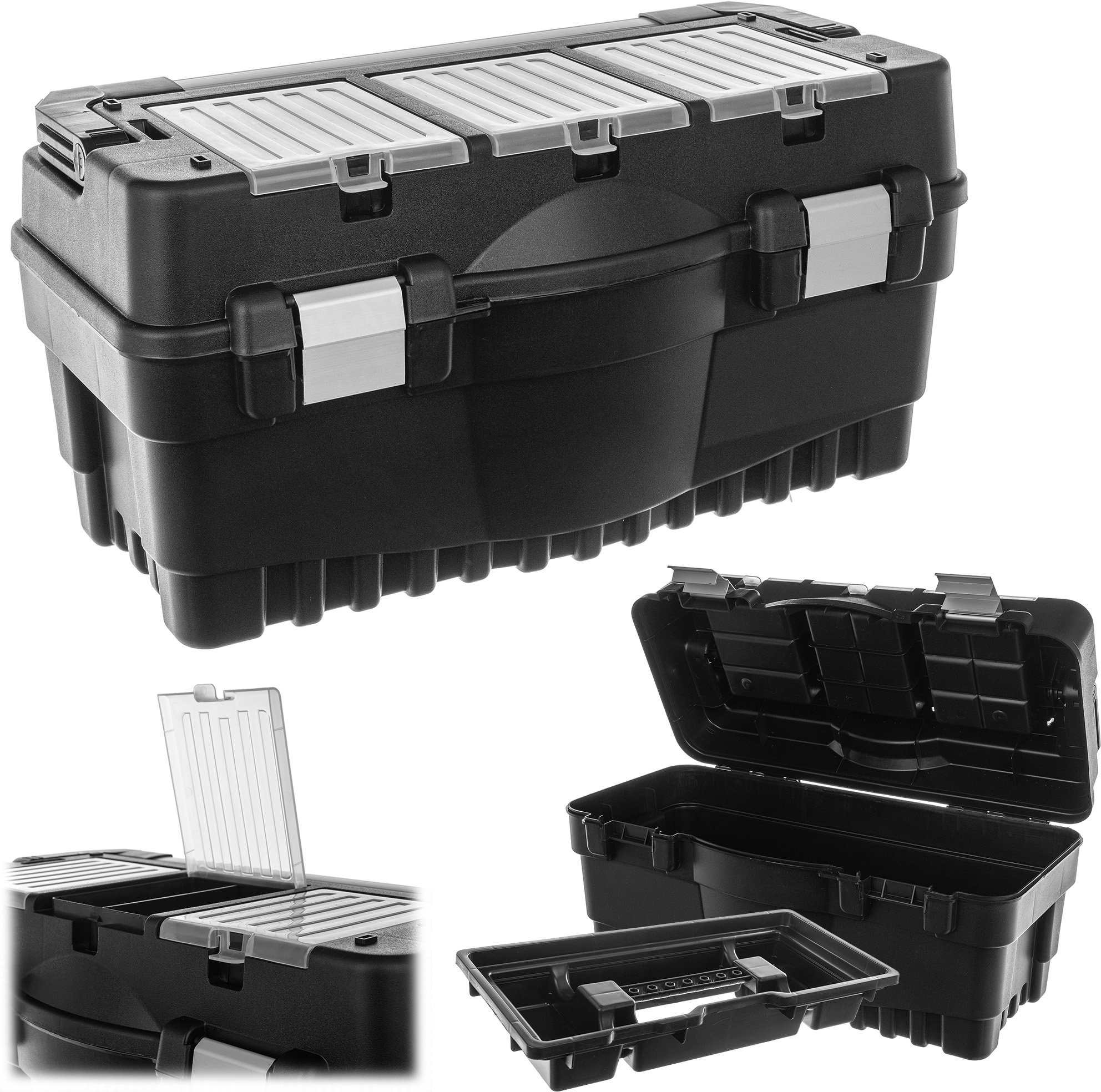 Kadax Skrzynka narzędziowa z 3 organizerami rączka aluminiowa czarna