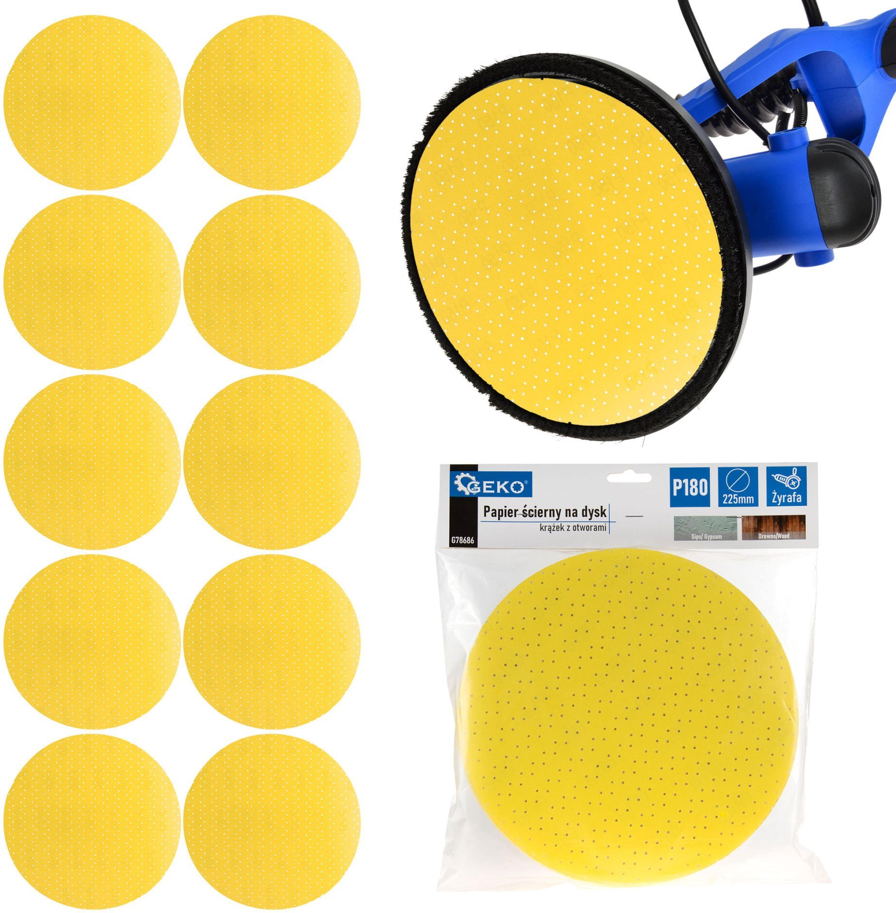 Geko Papier ścierny na dysk – krążek z otworami 225mm P180 /żyrafa/ (10/100/500)