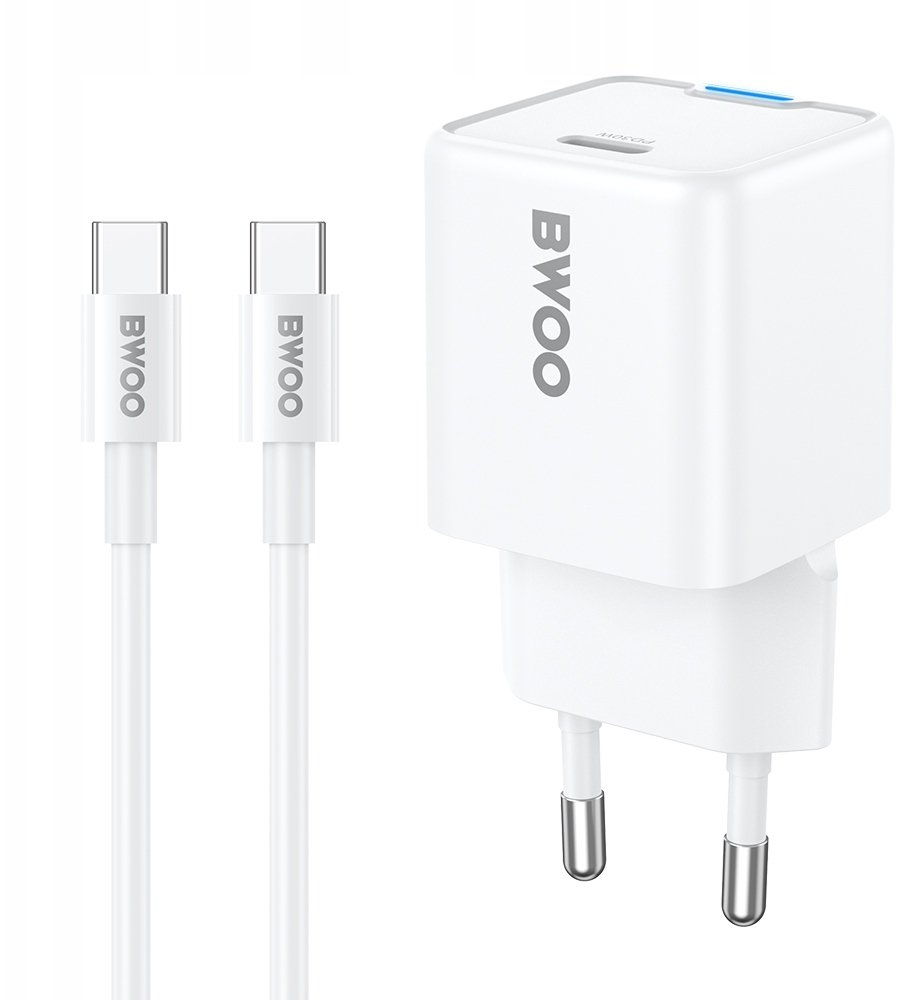 BWOO ładowarka sieciowa PD GaN 30W USB-C z kablem 60W USB-C - USB-C biała