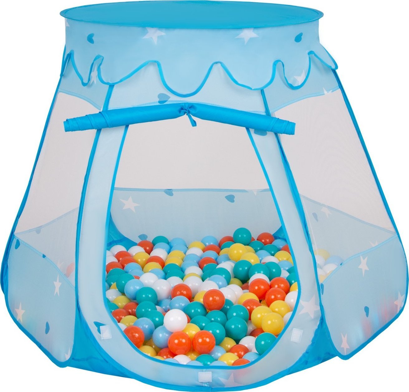 Selonis Namiot zamek NZ-100X z piłeczkami 6cm niebieski: biały-żółty-pomarańcz-babyblue-turkus 105x90cm/100piłek Zabawka namiot dla dzieci