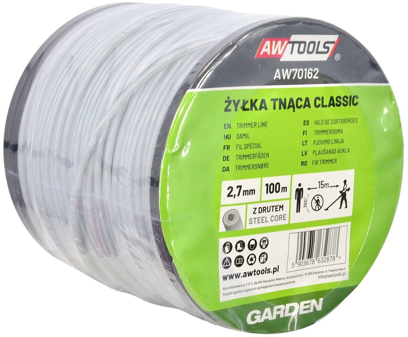 AWTools Żyłka tnąca 2,7x100m, Okrągła z rdzeniem, Szpula