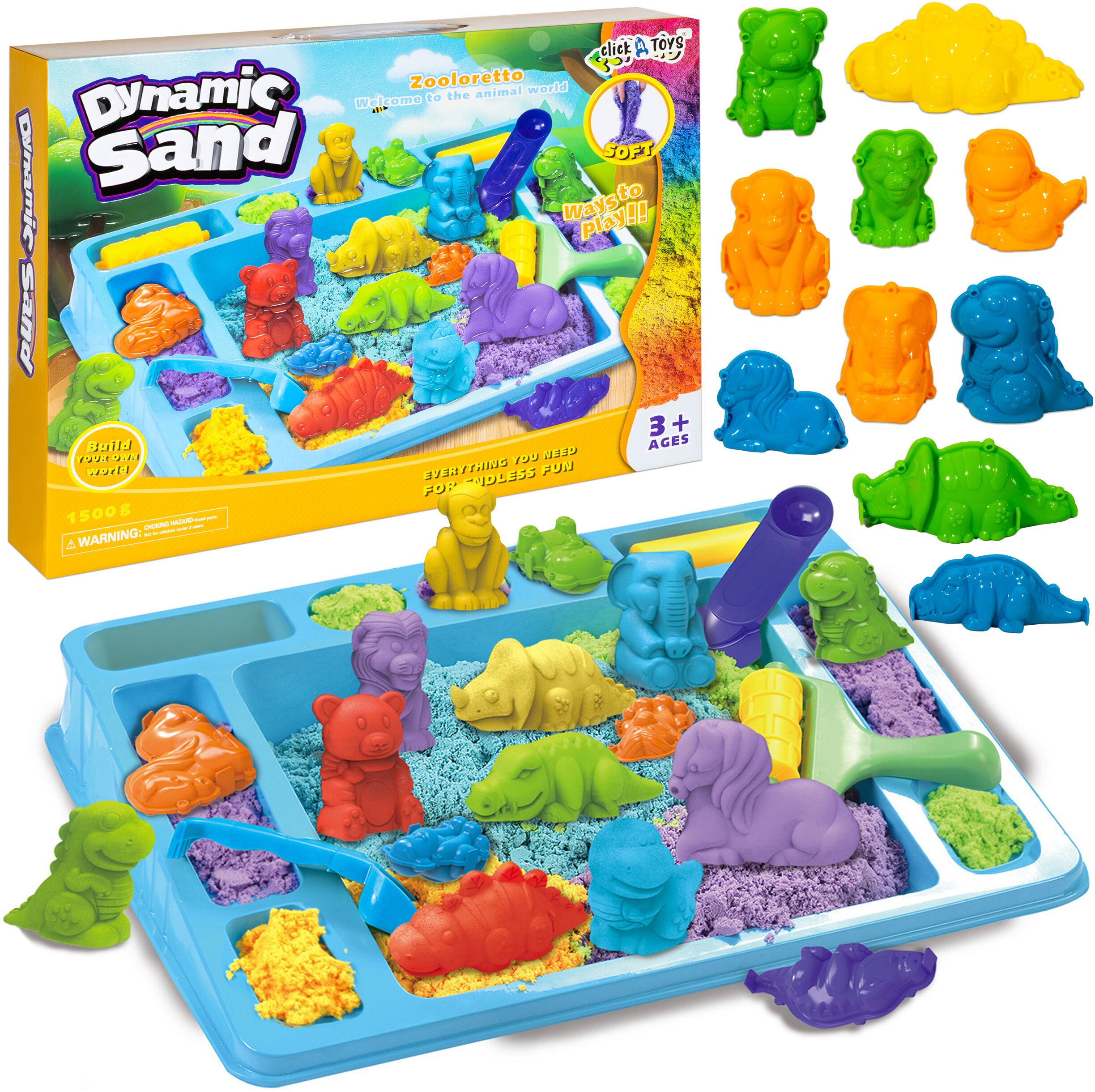 click4TOYS Piasek kinetyczny dla dzieci zestaw XXL zwierzątka dinozaury ZOO foremki 3D (590670810325...