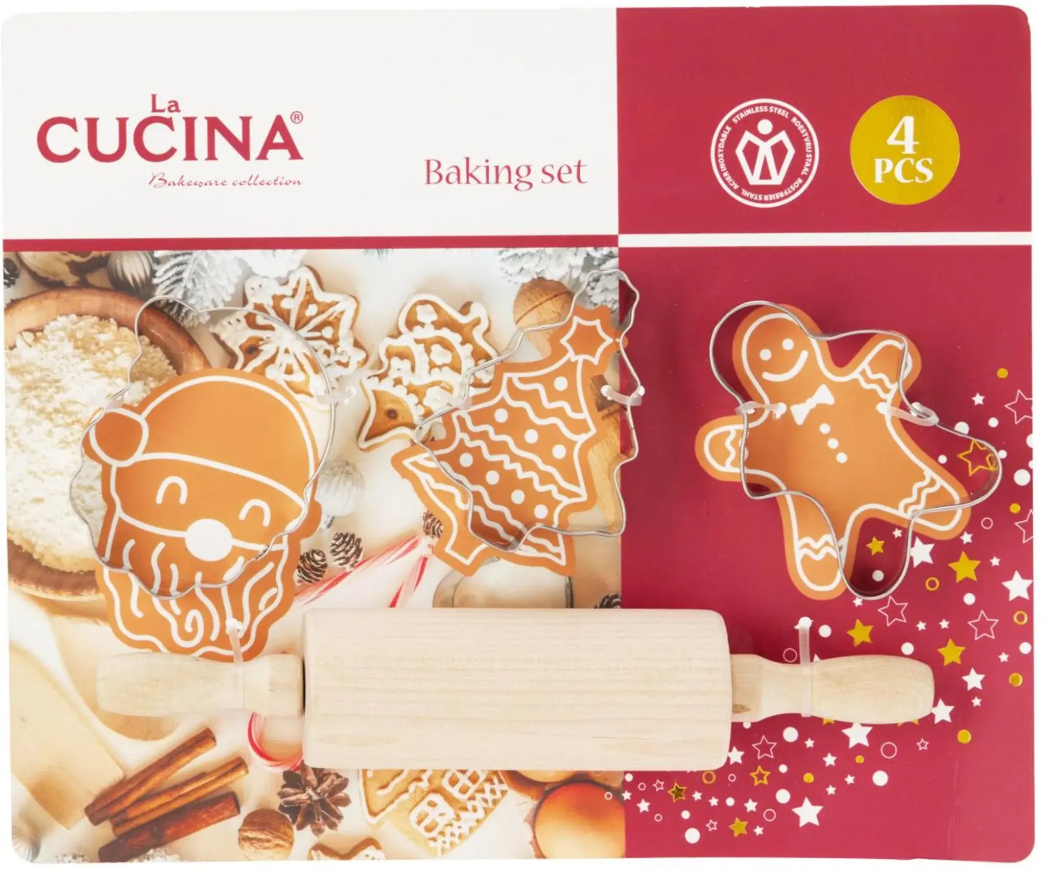 La Cucina Zestaw do pieczenia dla dzieci MIRLI, drewniany wałek i 3 foremki
