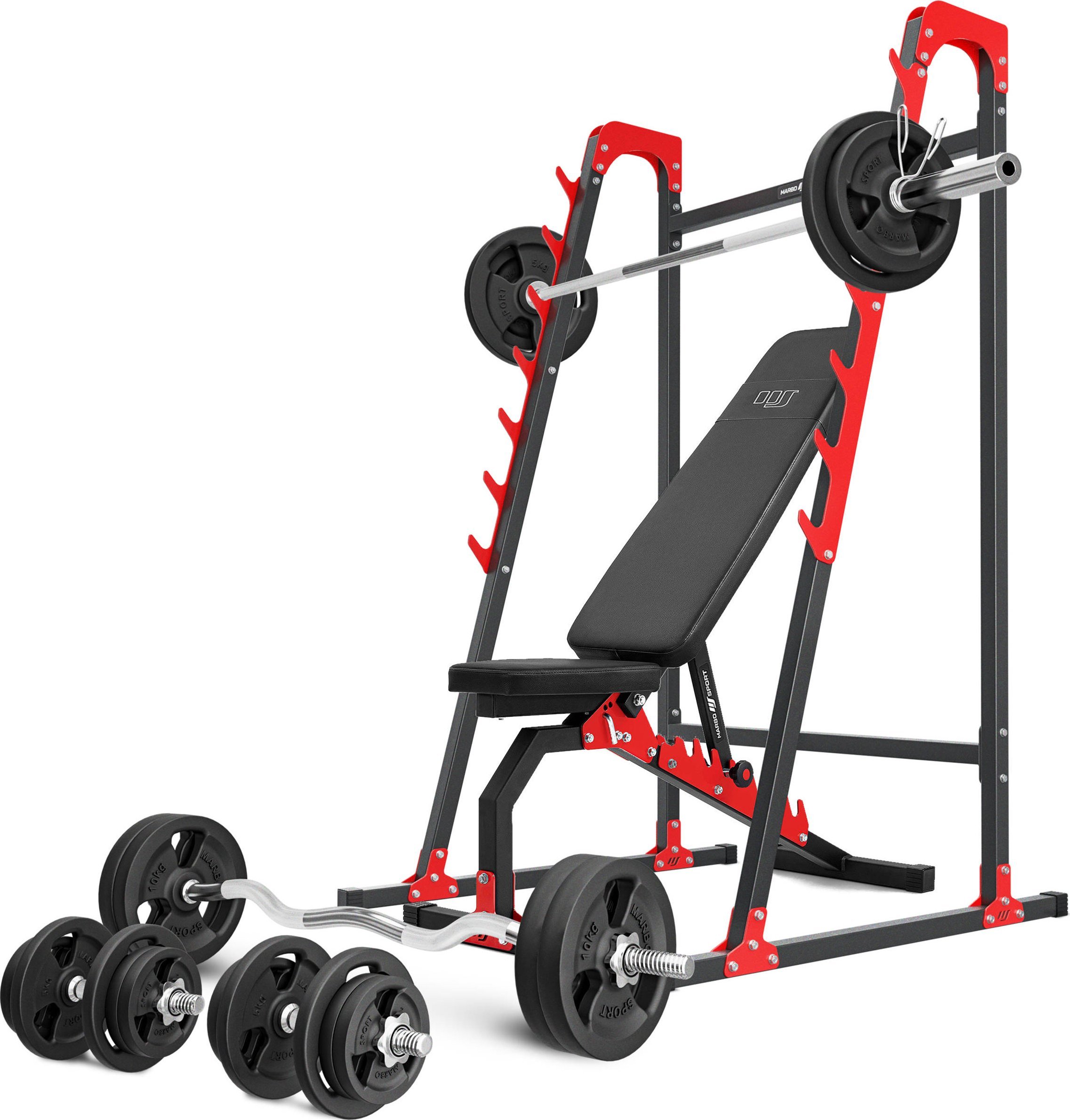 Zestaw MH8_155KG_KIER | Ławka dwustronna + stojaki wielopoziomowe + zestaw gryfów i obciążeń - Marbo Sport