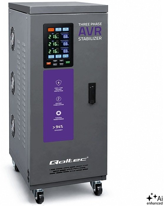 Qoltec Trójfazowy stabilizator napięcia AVR MULTIPROTECTION |15kVA | Dokładność ± 3% | Serwomotor 3F...