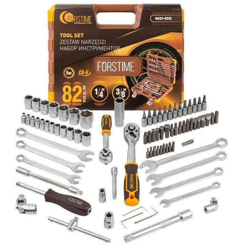 Zestaw komplet narzędziowy narzędzi nasadki bity klucze 82el 1/4' 3/8' 4-22mm FORSTIME