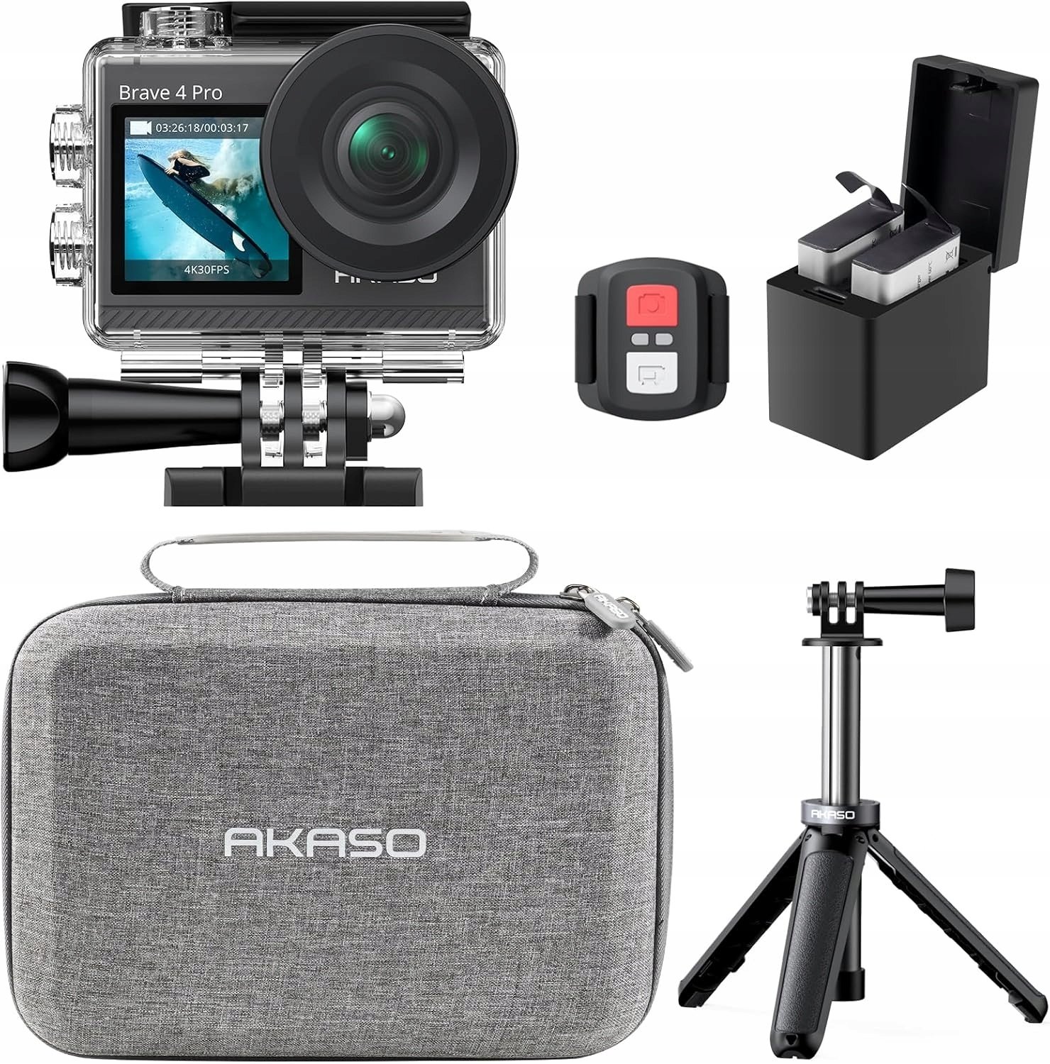 AKASO Brave 4 Pro 4K Kamera sportowa EIS Statyw 60cm Torba Wodoszczelna