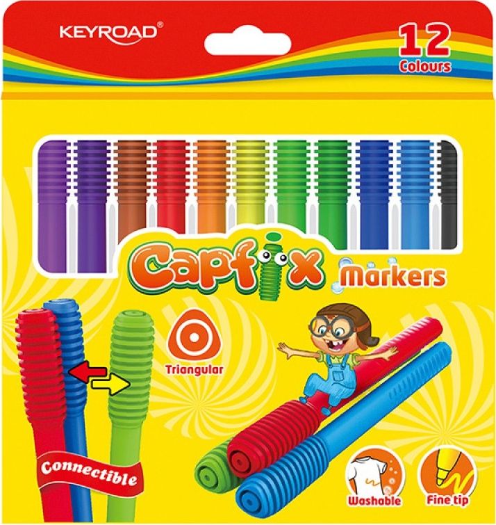 Keyroad Flamastry KEYROAD Capfix Markers, 12szt., trójkątne, zmywalne, łączone, zawieszka, mix kolor...