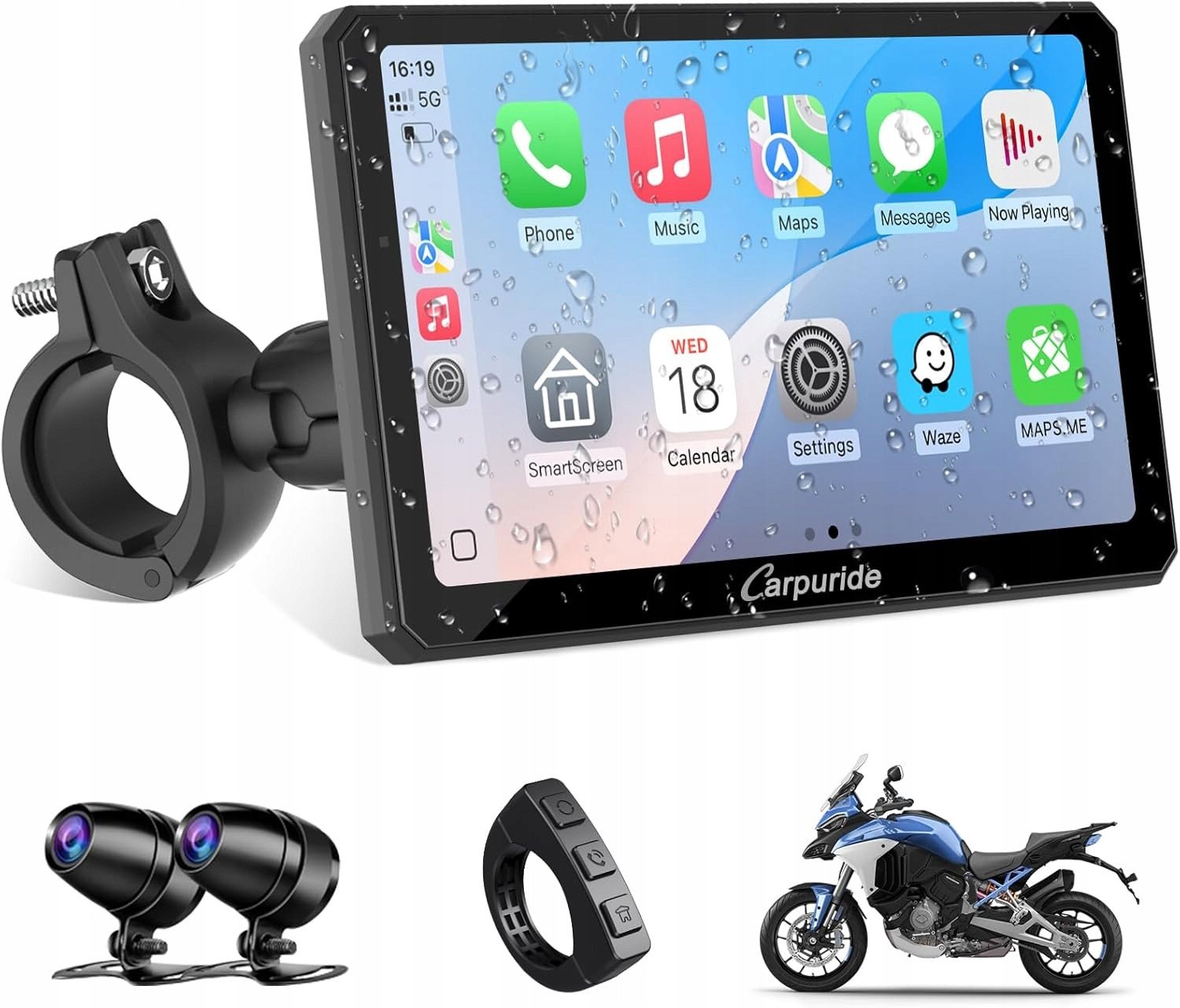 Radio samochodowe Carpuride W712D ekran motocyklowy 7'' podwójne kamery 1080p CarPlay