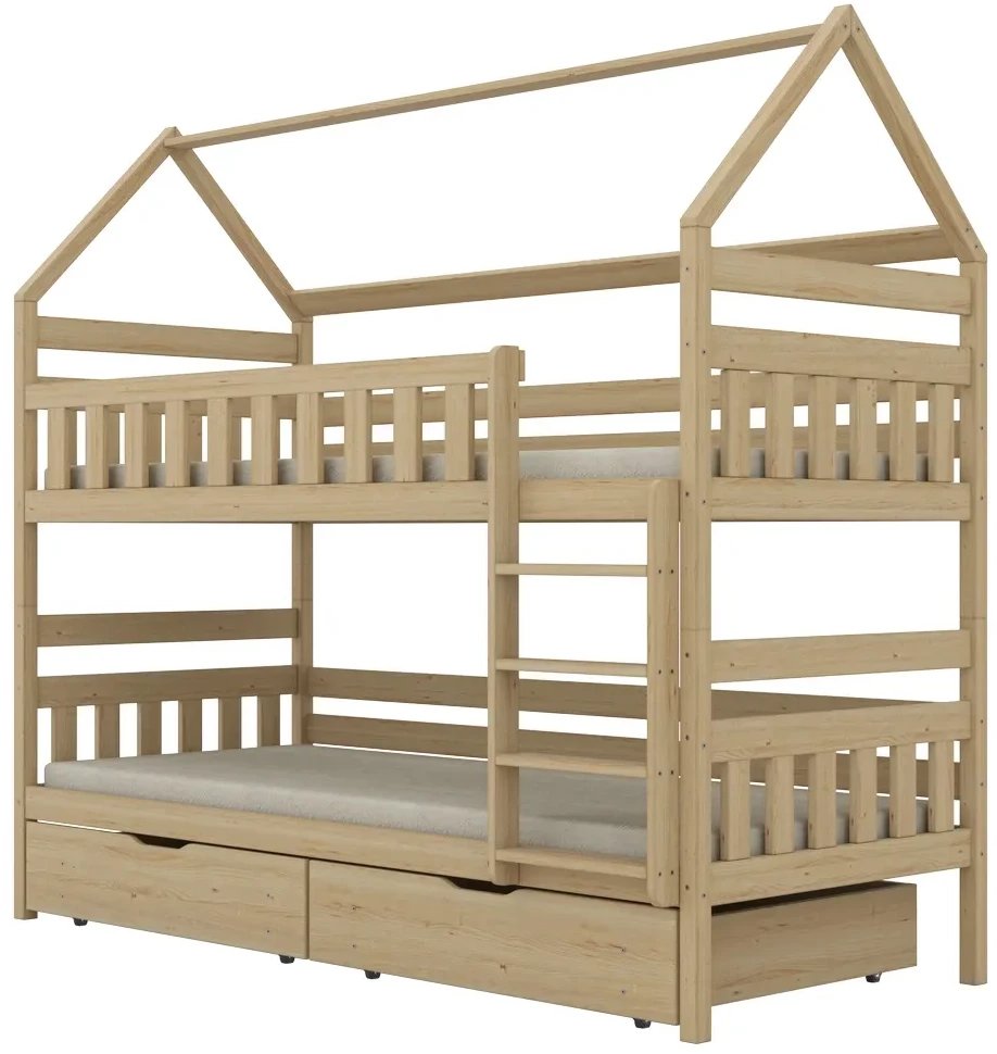 Zdjęcia - Łóżeczko Łóżko piętrowe domek FELIKS 160x80 sosna lakierowana drewniane z szufladami KOCOT KIDS