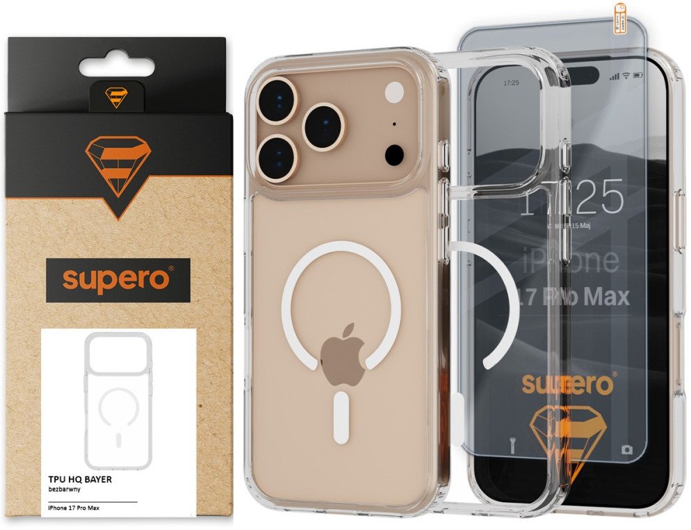 Etui Supero TPU HQ Bayer MagSafe do iPhone 17 Pro Max, przezroczyste + szkło