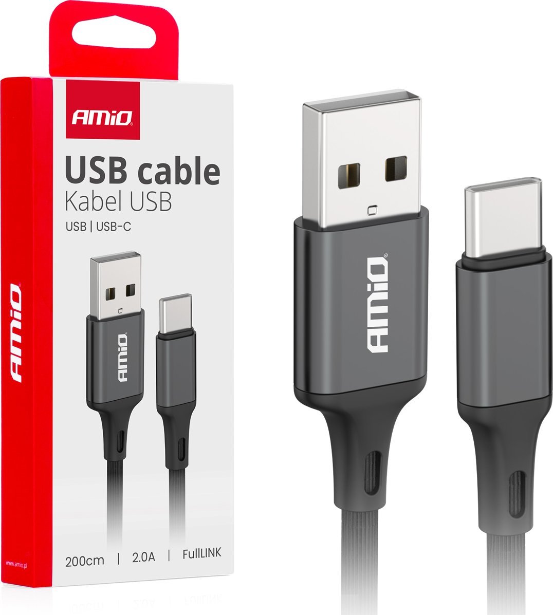 Kabel USB AMiO USB-A - USB-C 2 m Czarny