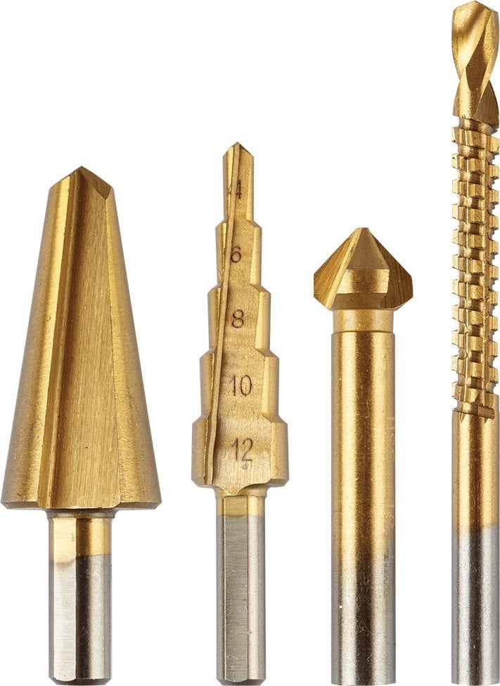 Wiertła stopniowe 4-12 mm, rozwiertak 12,4 mm, frezowiertło 6x90 mm, pogłębiacz stożkowy 8-20 mm,TiN