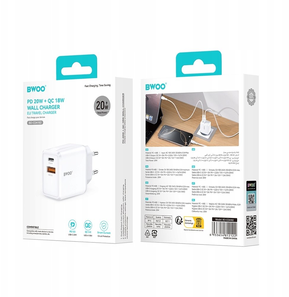 Ładowarka TelForceOne BWOO ładowarka sieciowa CDA182 QC 38W 1x USB-A + 1x USB-C biała