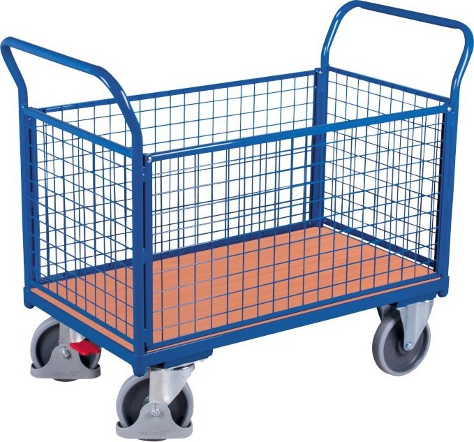 Variofit Wózek platformowy, czteroburtowy, poręcze z siatki, kolor niebieski, 400-500 kg (1190 x 600...