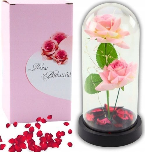 Wieczne Róże w Kopule z Oświetleniem LED i Płatkami Róż Różowe 21x11cm