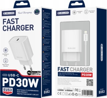 Ładowarka Jellico JELLICO ładowarka sieciowa EU53 PD 30W 1xUSB-C + kabel USB-C - Lightning Biały