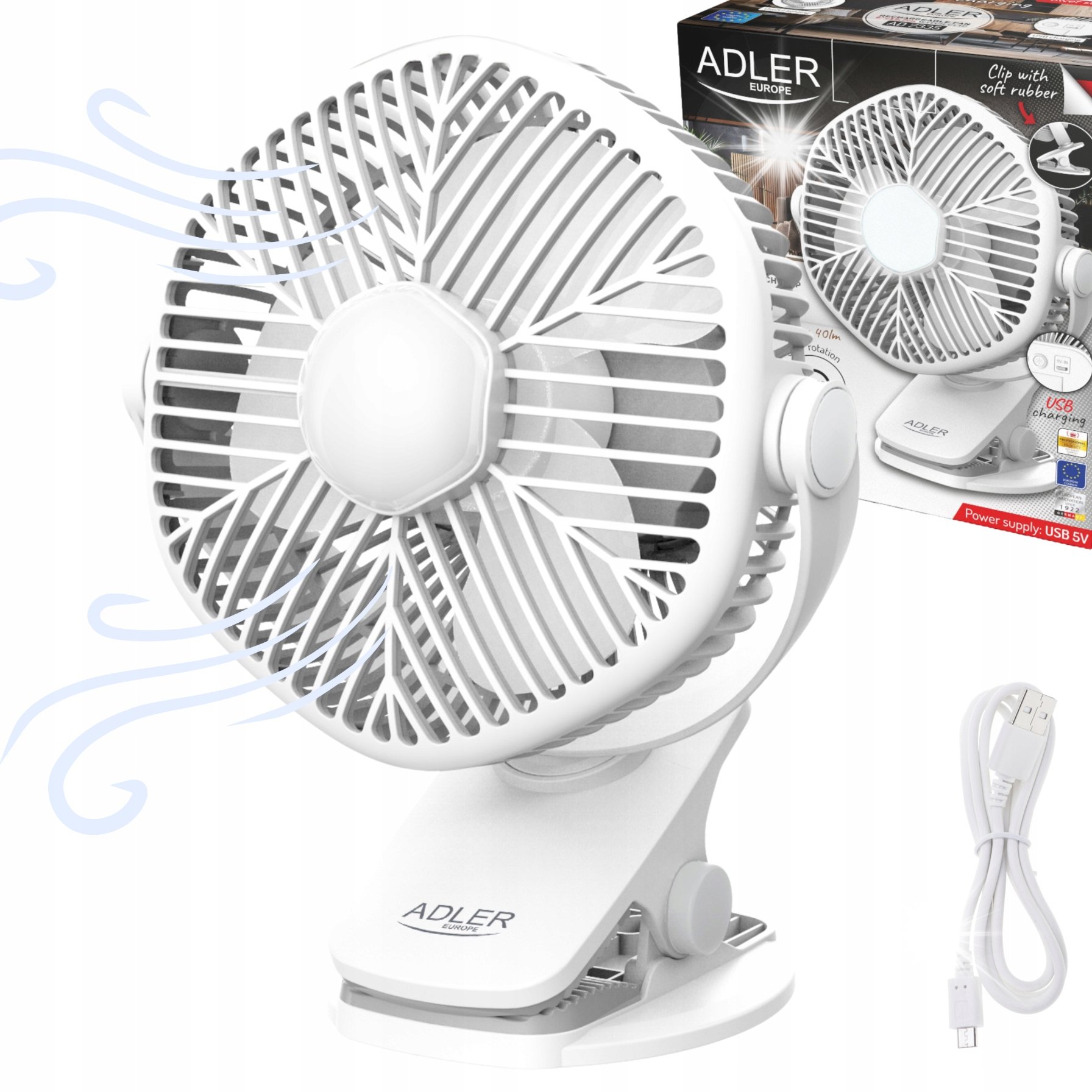 Termowentylator Adler Wentylator Biurkowy Mini Akumulatorowa Klips Dom I Ogród 3 Prędkości LED