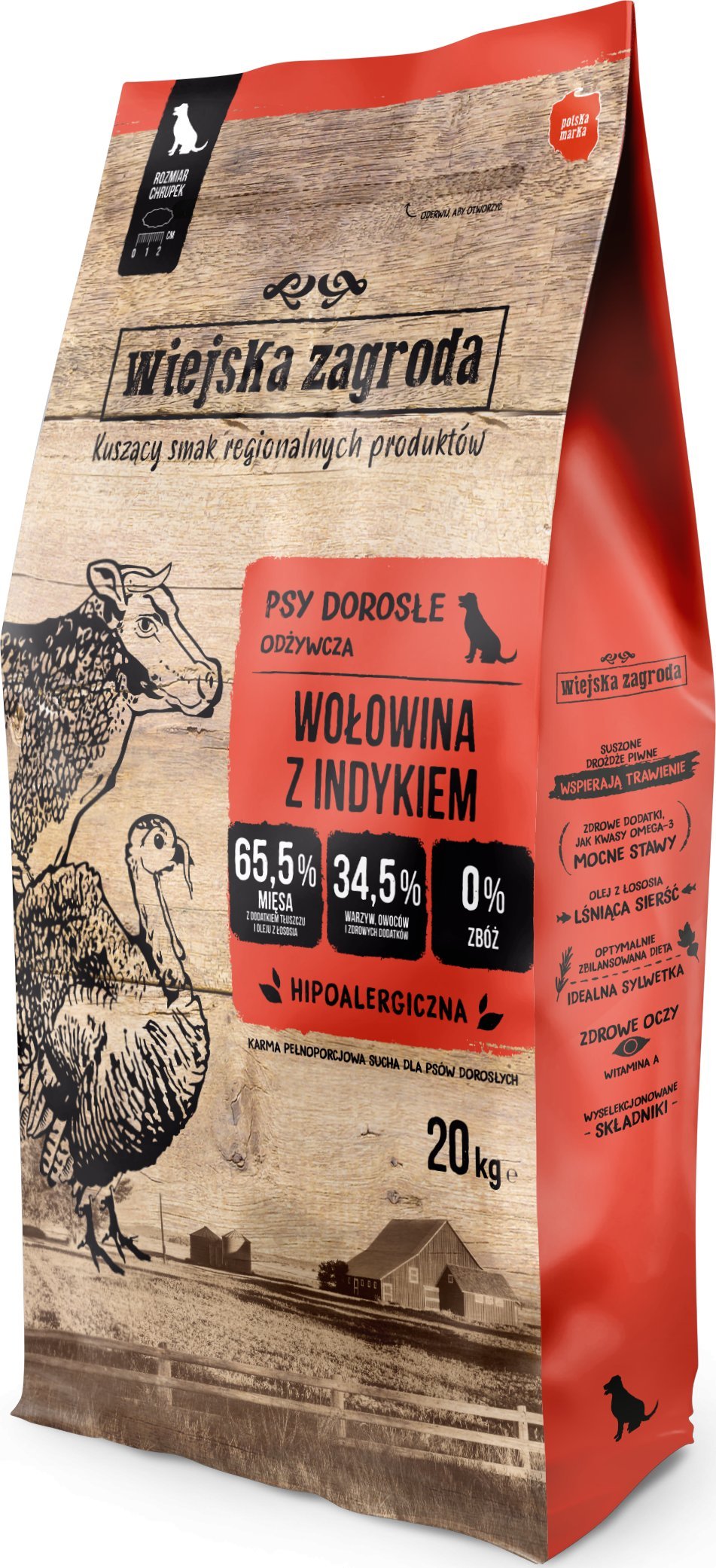 Zdjęcia - Karm dla psów Wiejska Zagroda Karma sucha dla psa Wołowina z indykiem  chrupki L 20kg (dorosły)