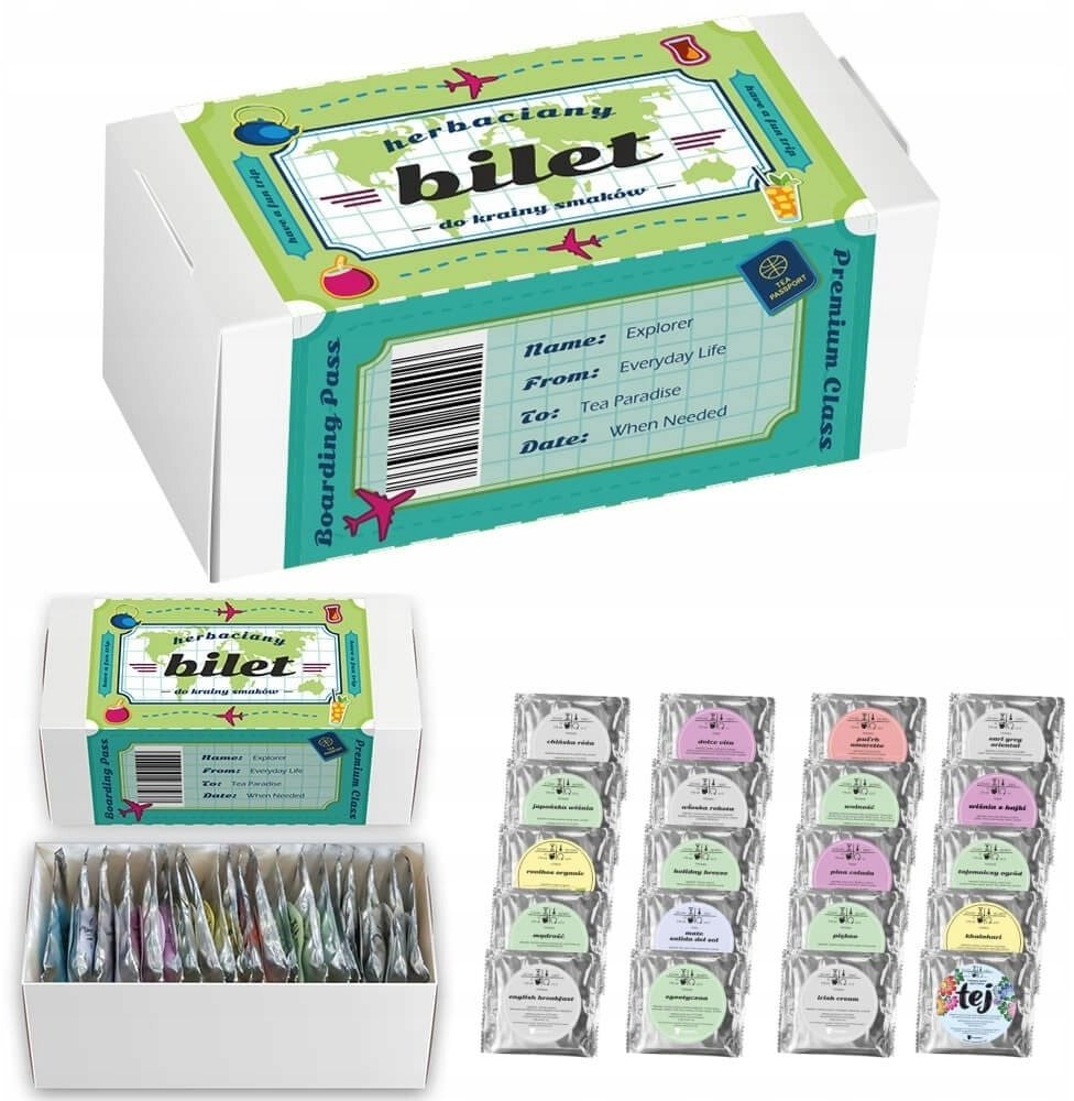Cup&You Zestaw prezentowy upominkowy box - 20 różnych smaków herbat liściastych "HERBACIANY BILET" na prezent upominek dla kobiety faceta mężczyzny ni