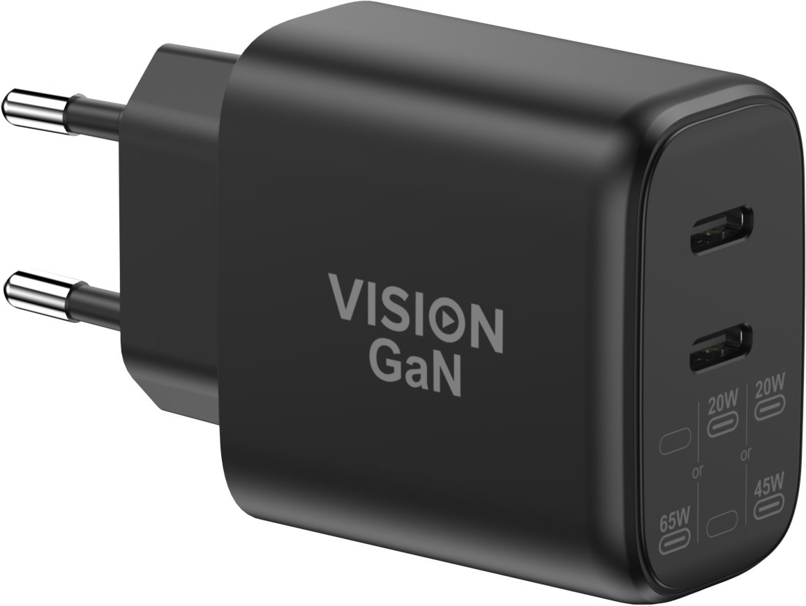 Ładowarka Vision Z fabryki certyfikowanej MFI Podwójne gniazdo USB-C Wtyczka Schuko EU CEE 7/7 dostarcza 65 W z głównego gniazdka Przy użyciu drugiego