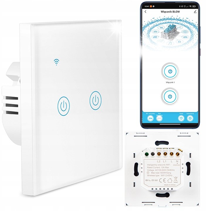 Blow DOTYKOWY WŁĄCZNIK ŚWIATŁA DWUKANAŁOWY SZKLANY LED BIAŁY WiFi Tuya SMART LED