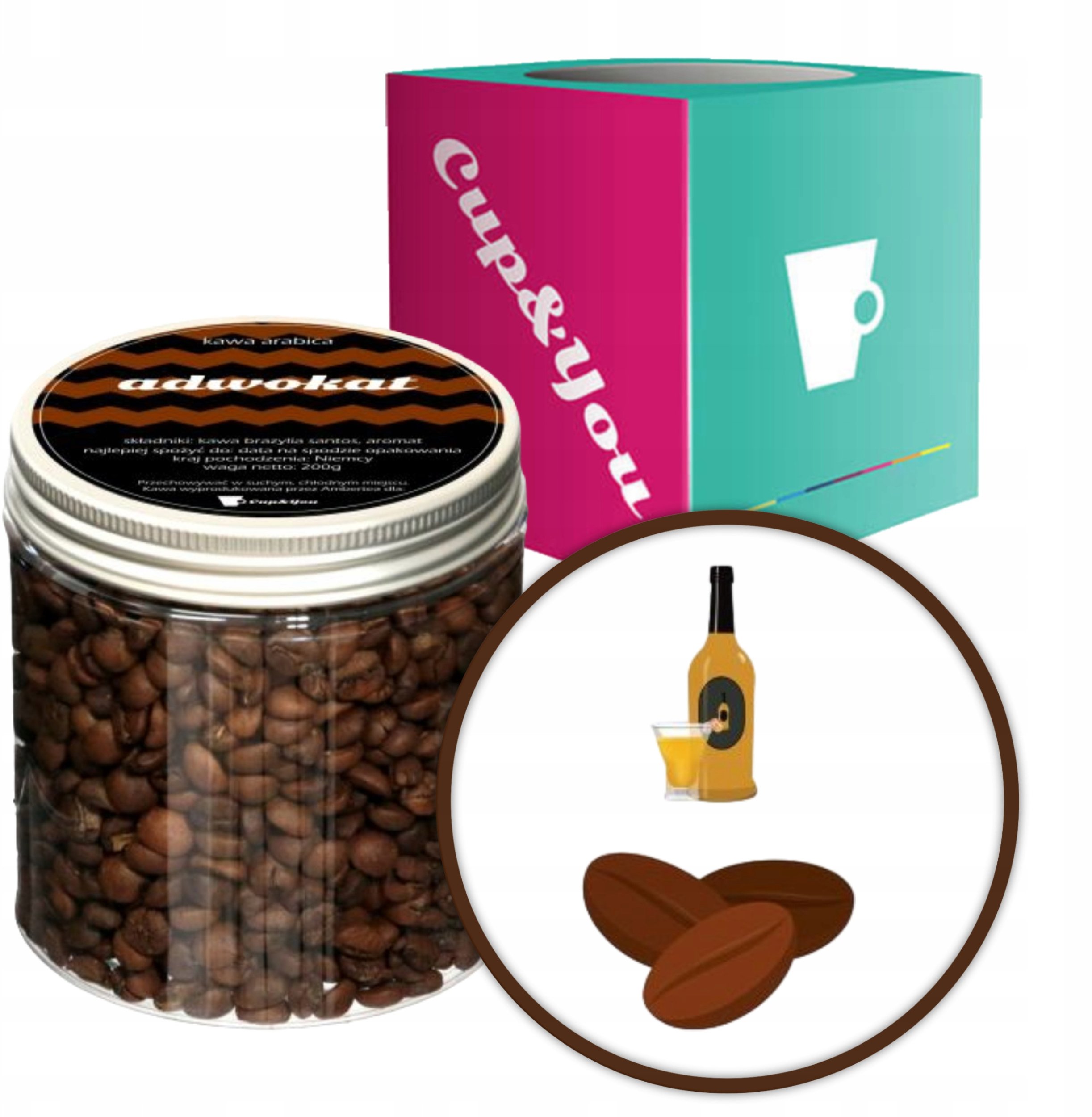 Kawa ziarnista Cup&You Kawa smakowa aromatyzowana ADWOKAT ziarnista deserowa ARABICA 200g na prezent upominek dla kobiety mężczyzny faceta mamy taty ż