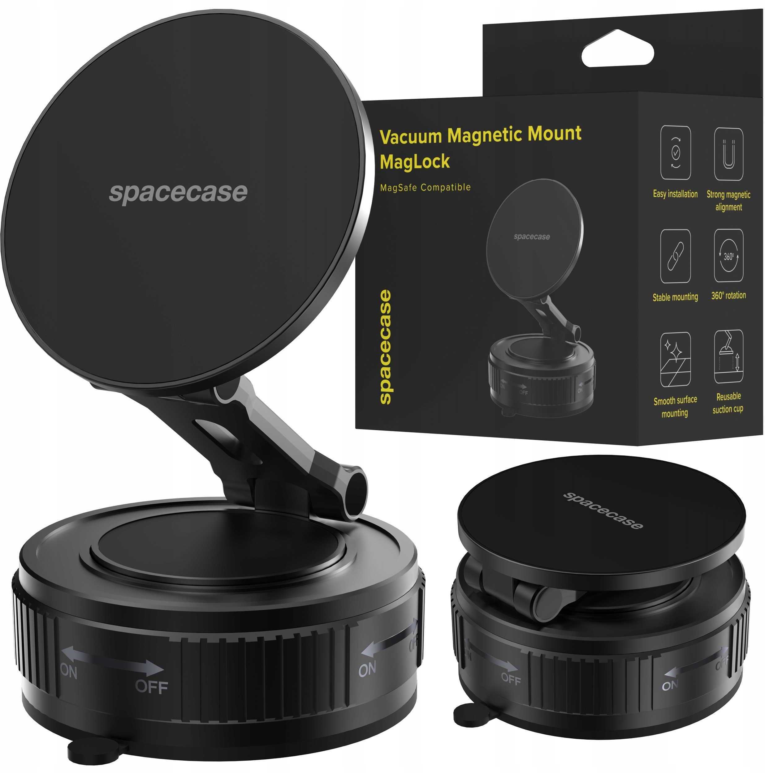 SpaceCase Uchwyt samochodowy na telefon z przyssawką do magsafe SPACECASE Vacuum Magnetic Mount MagLock Czarny