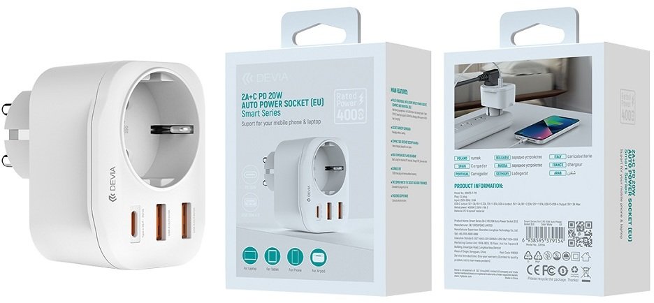 Devia gniazdo sieciowe ładowarka Smart PD 20W 1x USB-C 2x USB biała