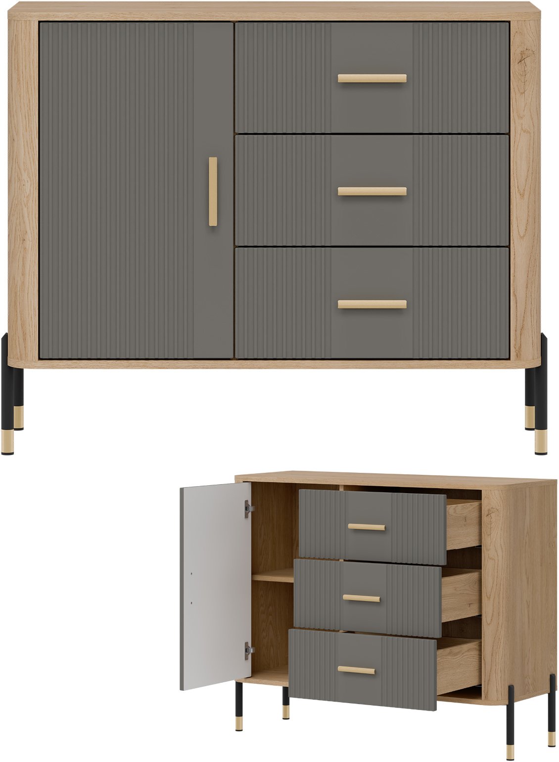 Komoda Szafka jednodrzwiowa z 3 szufladami Dąb Szary Złoty DANTE DT03