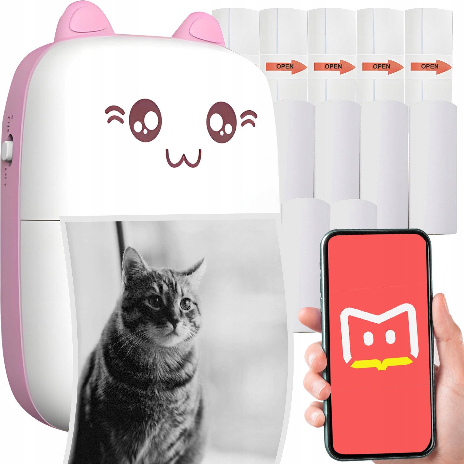 ZESTAW 11 W 1 MINI DRUKARKA PRZENOŚNA BEZPRZEWODOWA RÓŻOWA C28