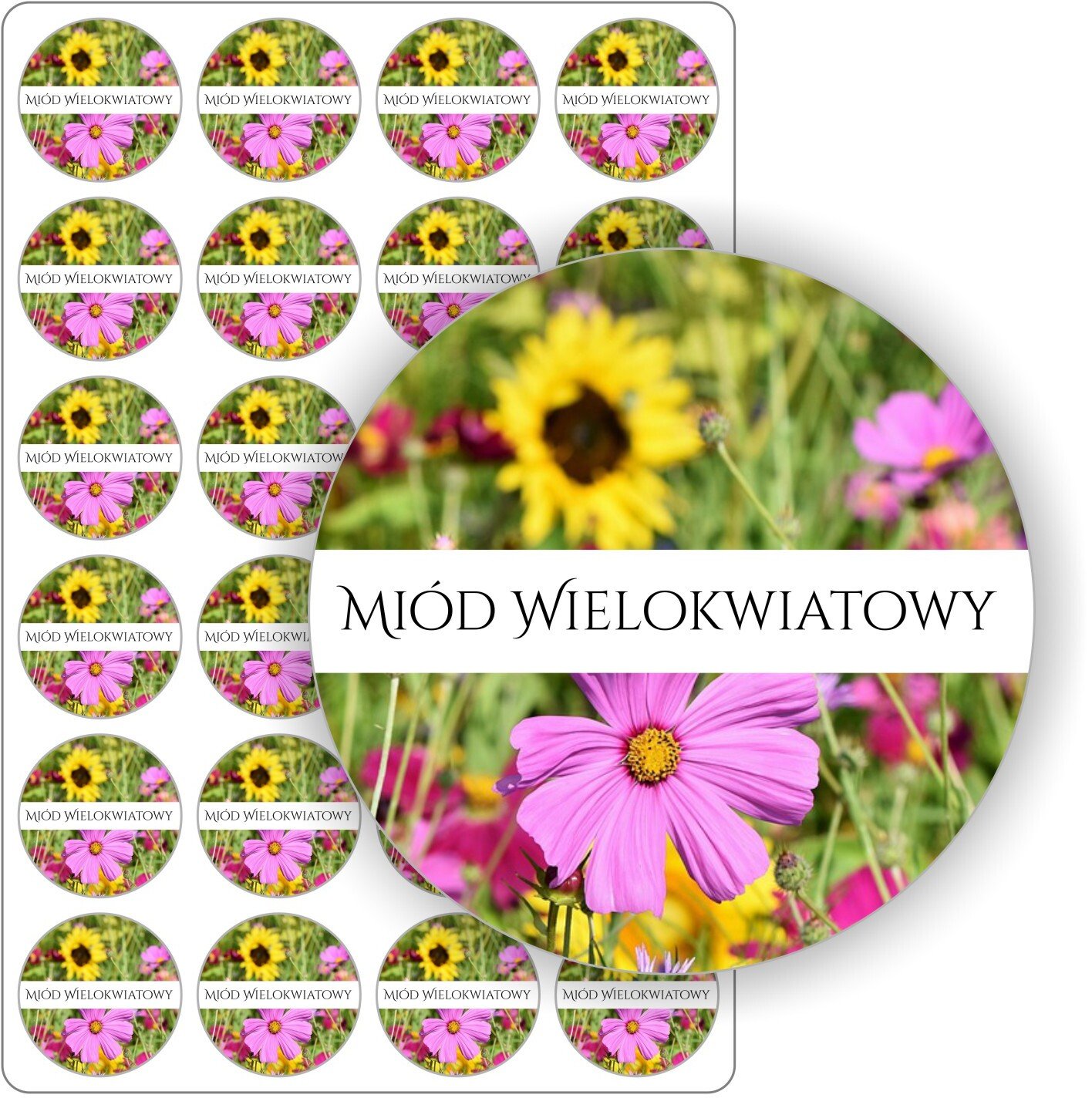Stabilus naklejki etykietki nalepki wodoodporne kolorowe MIÓD WIELOKWIATOWY słoiki przetwory 24szt. (E-OWO_MWIE_C5)