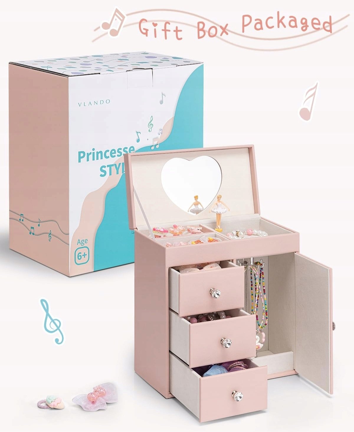 LeanToys VLANDO Szkatułka na biżuterię z pozytywką i muzyką dla dziewczynek Różowa