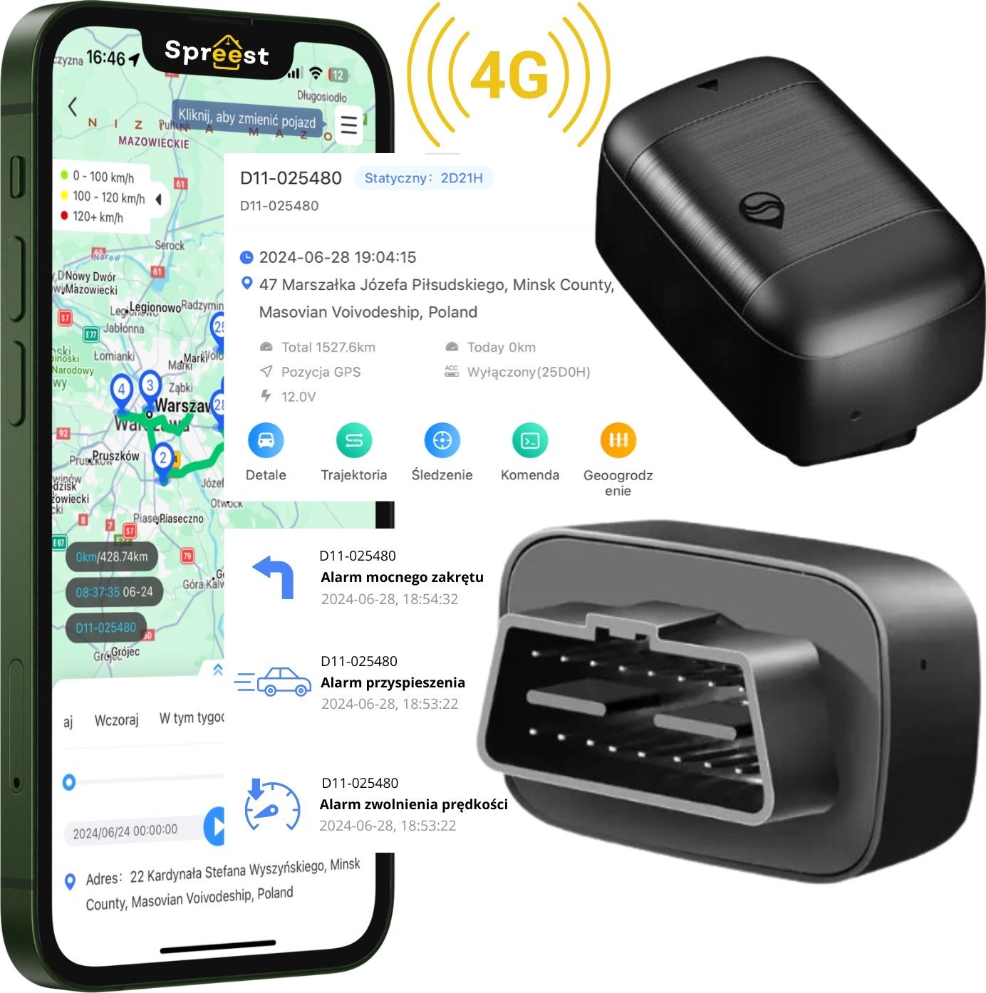 Moduł GPS Spreest LOKALIZATOR GPS GSM 4G GNIAZDO OBD DO POJAZDÓW AUTA SAMOCHODU BEZ ABONAMENT