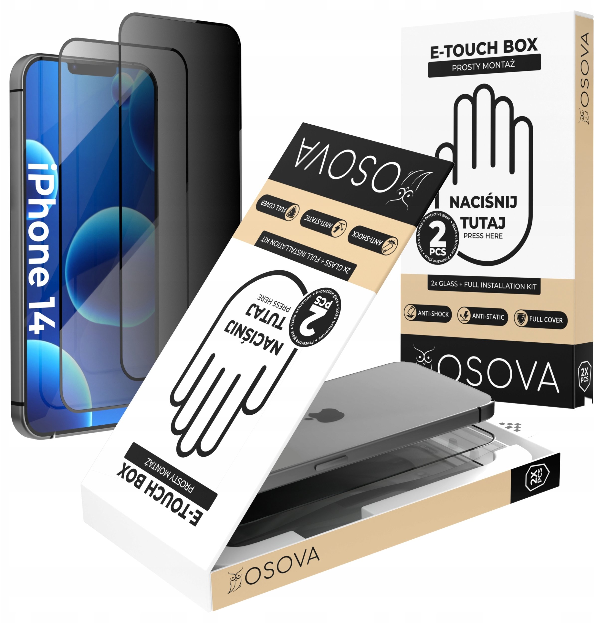 OSOVA SZKŁO PRYWATYZUJĄCE OSOVA do iPhone 14 SZYBKA Z APLIKATOREM zestaw 2 sztuki